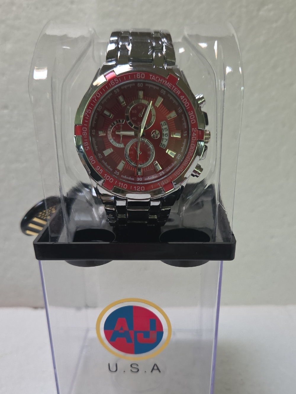 AJ Red Dial Silver Bracelet Chronograph Watch